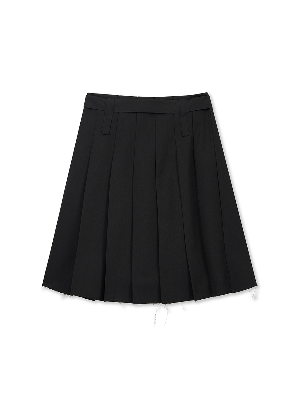 腰帶細節開衩百褶裙 黑色