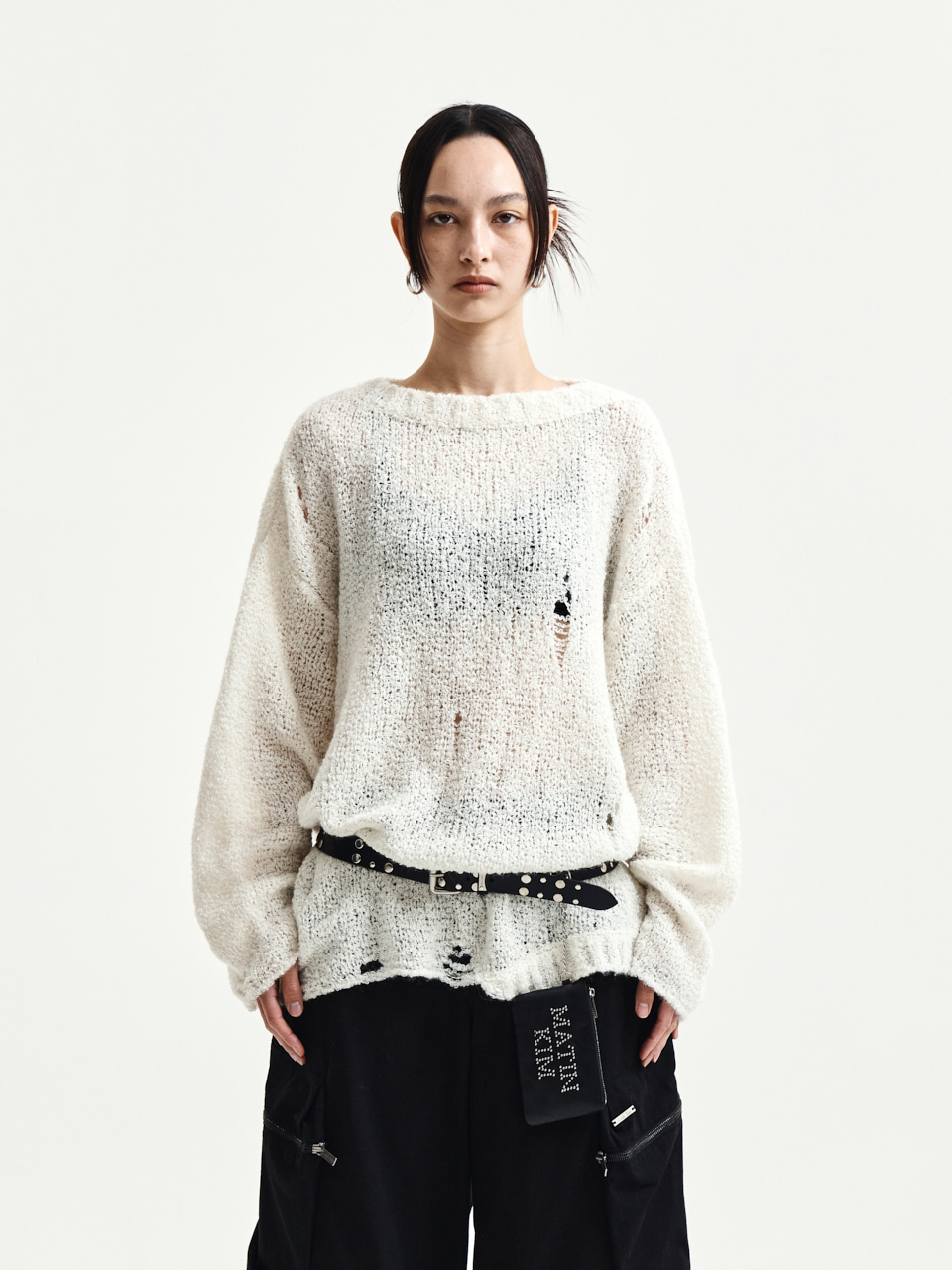 不對稱設計刷破針織上衣 象牙白