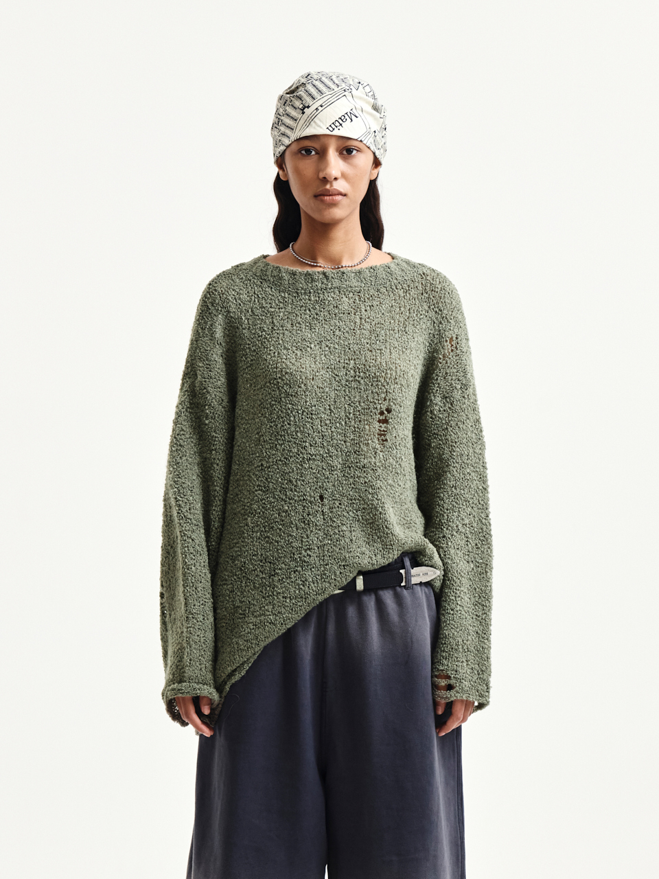 不對稱設計刷破針織上衣 卡其