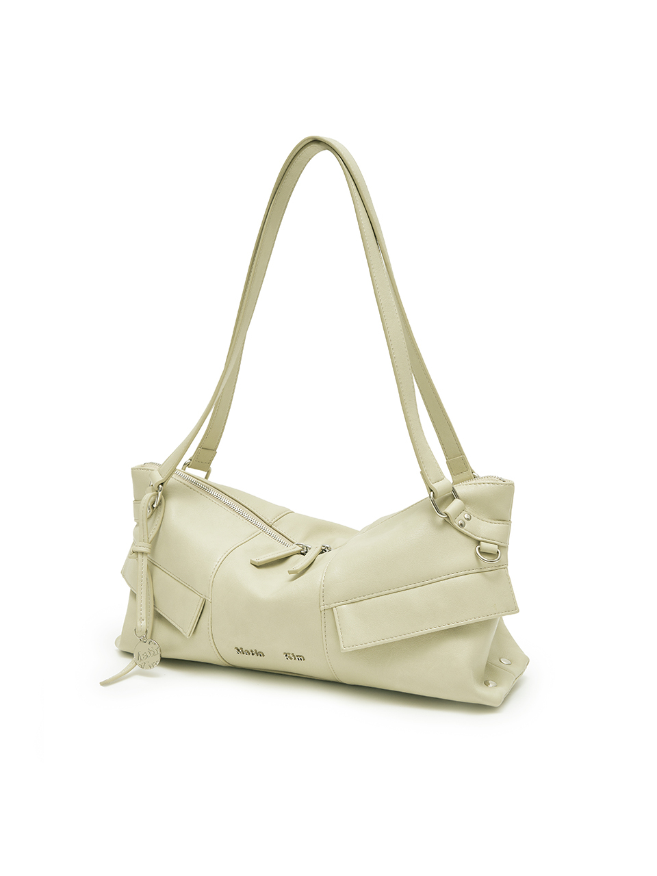 寬版皮革肩背包 淺米色