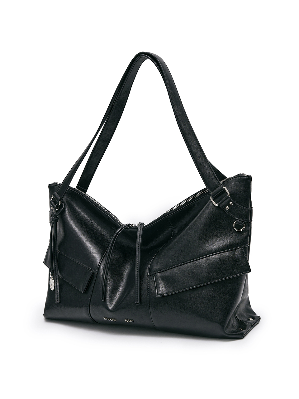 寬版皮革大容量肩背包 黑色