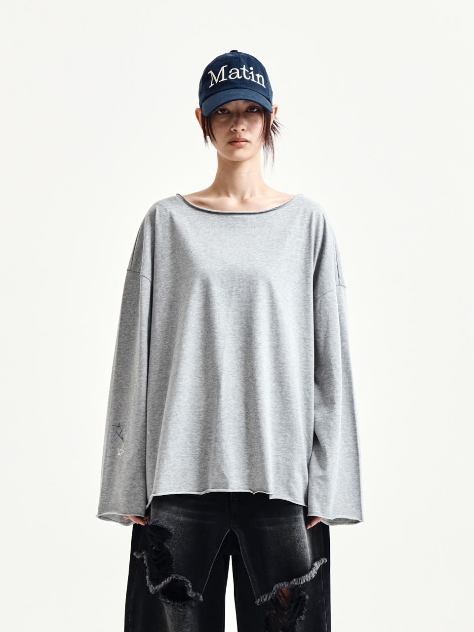 不修邊下擺船領上衣 灰色