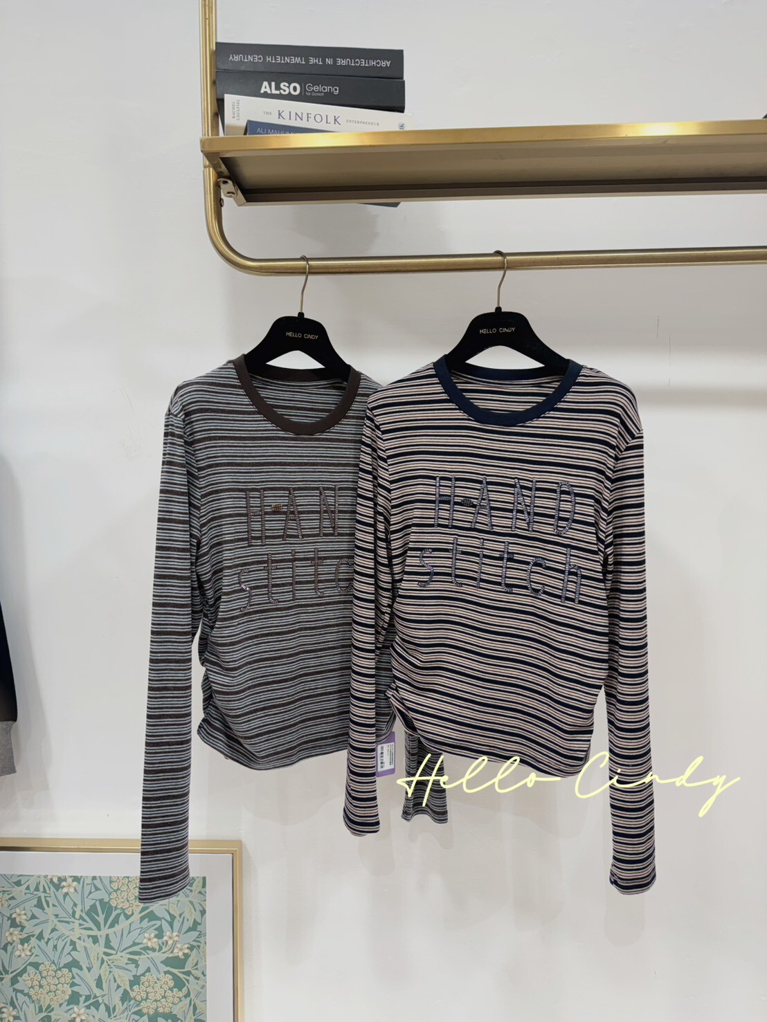 B01089 超顯瘦精緻管珠英文字撞色條紋側抓皺棉質上衣