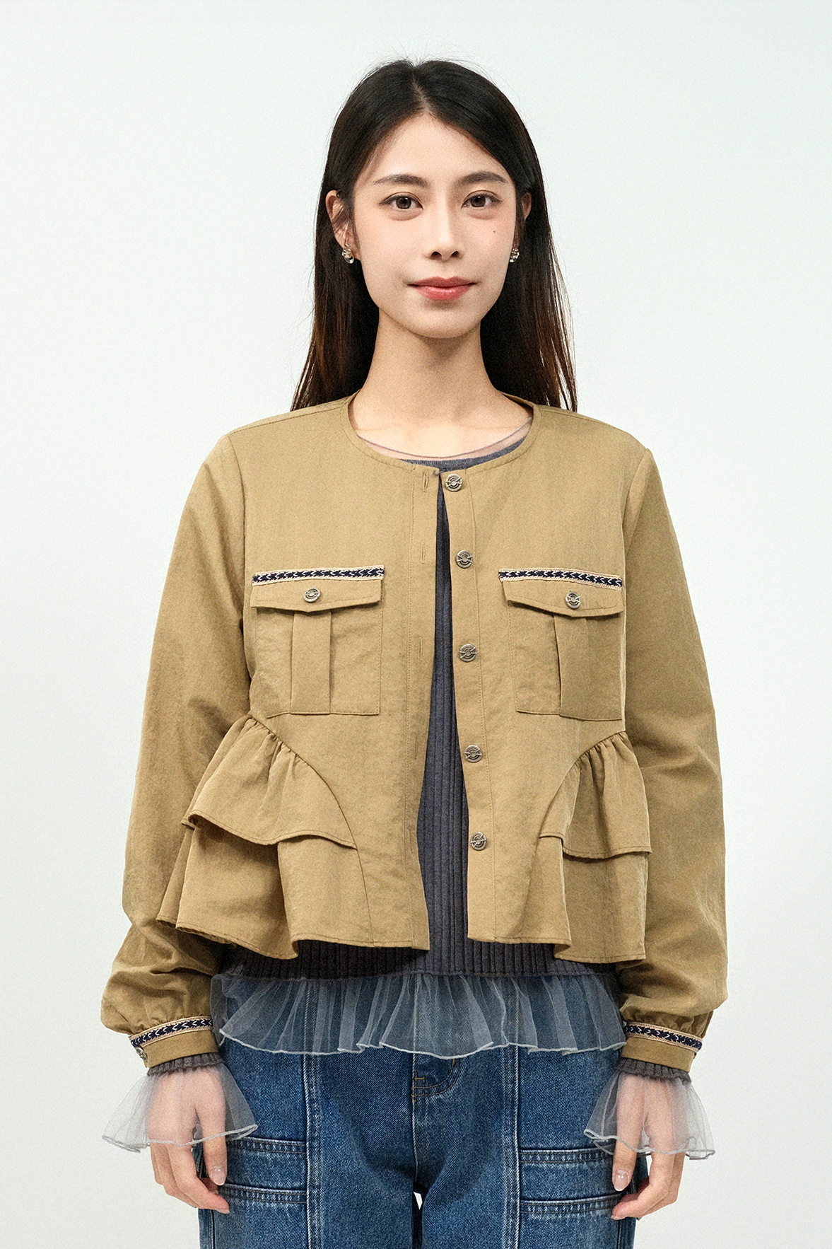 織帶邊雙層荷葉風褸外套（預購產品）