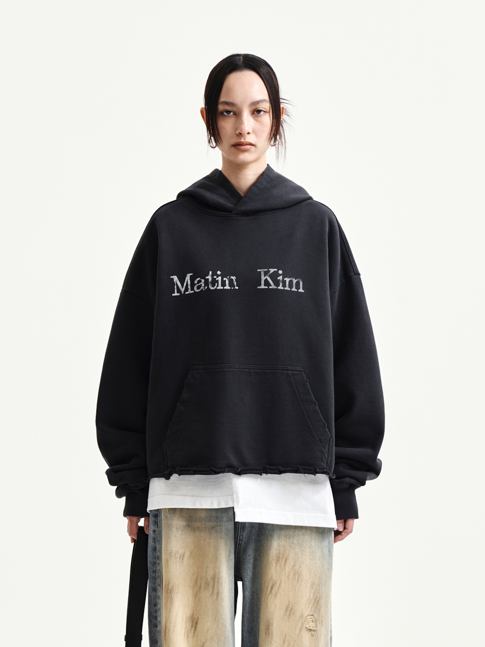 不修邊下擺連帽T 炭灰