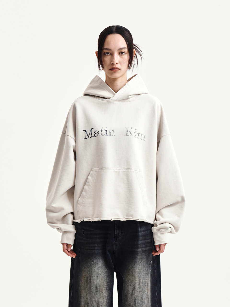 不修邊下擺連帽T 淺米色