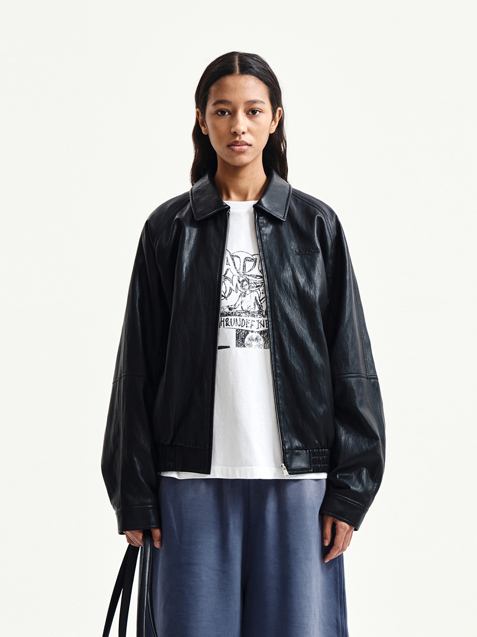 小LOGO皮革拉鍊外套 黑色