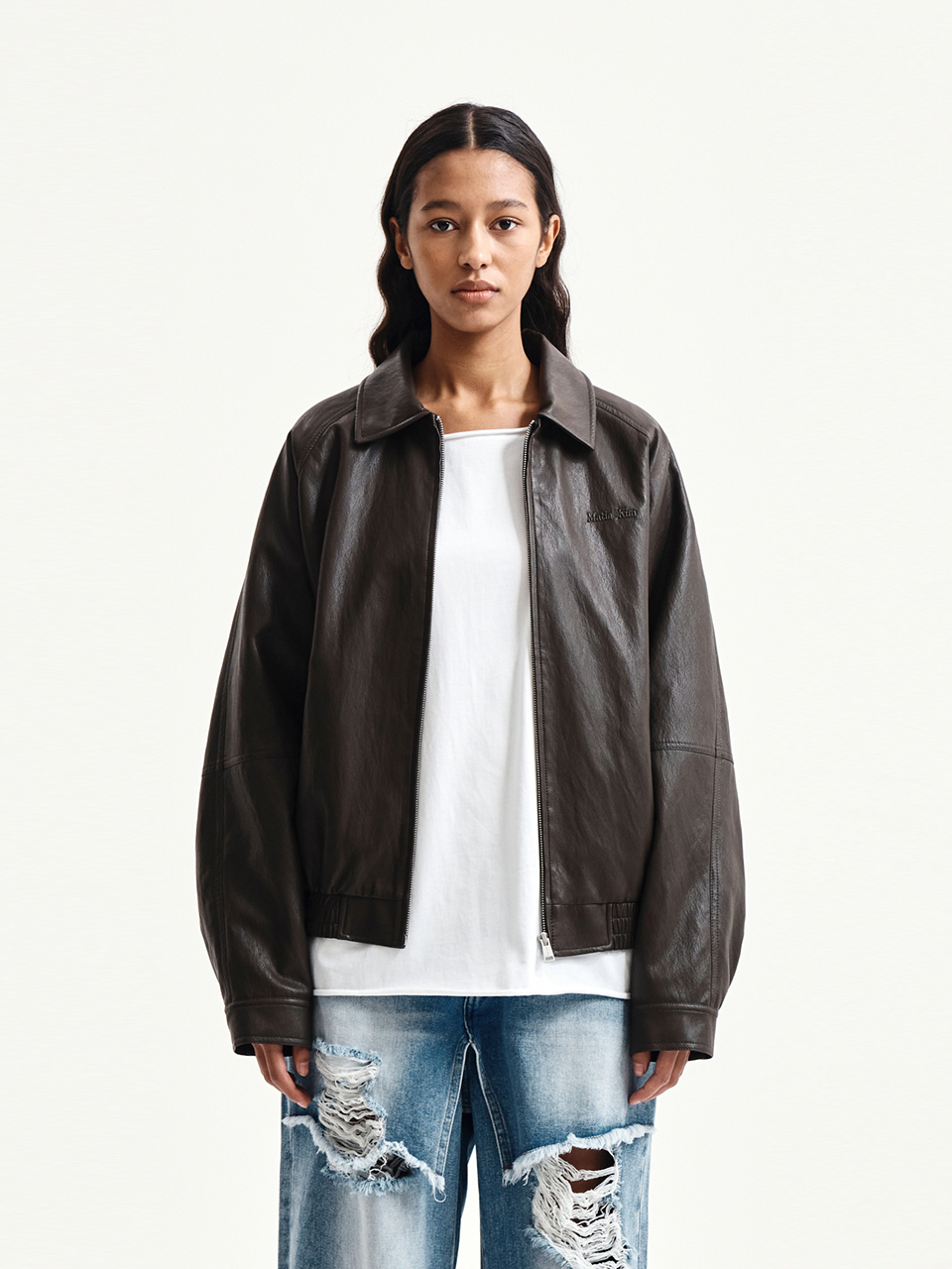 小LOGO皮革拉鍊外套 棕色