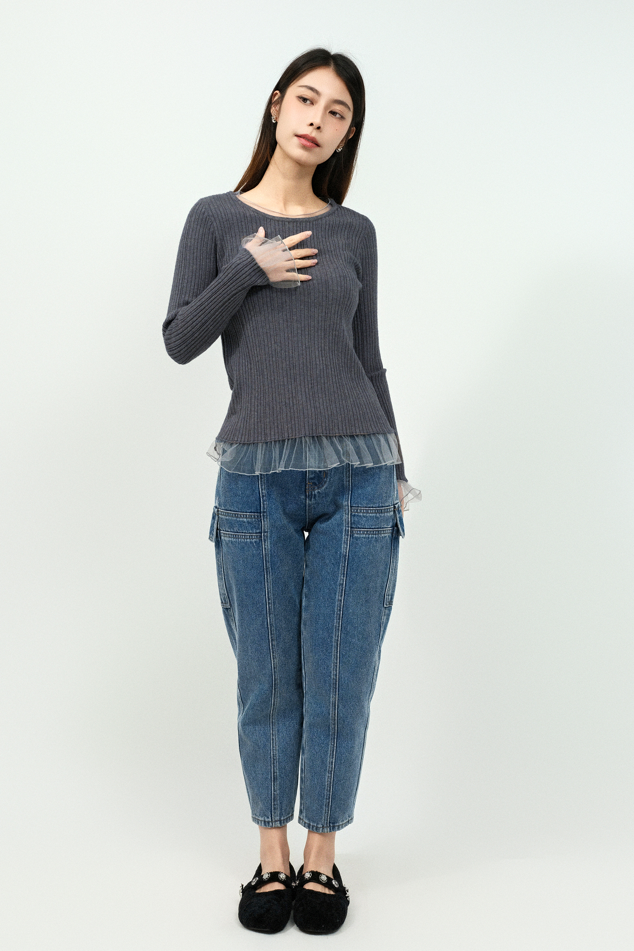 軍袋拼布牛仔褲 (現貨款式）