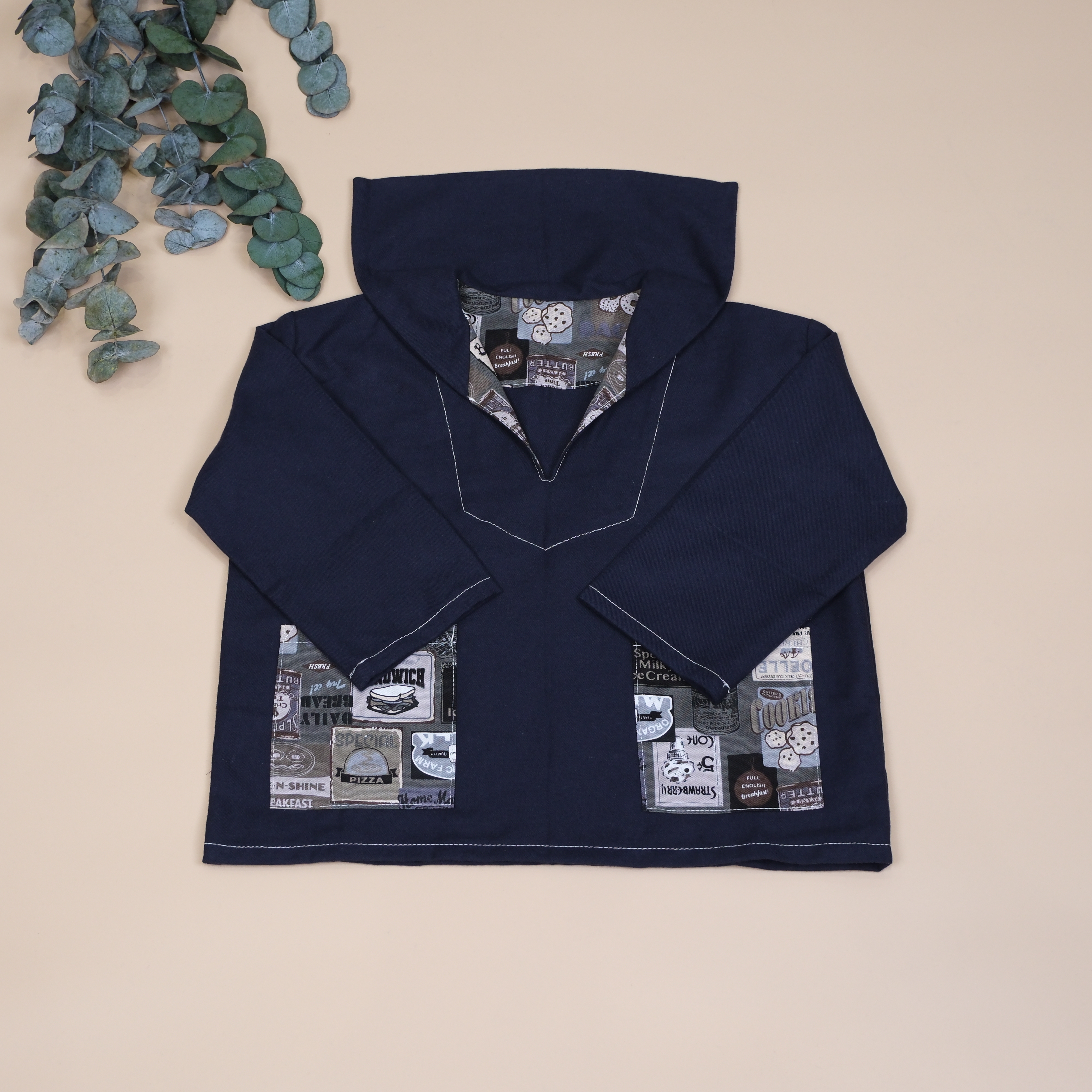 森語系列 𖤣𖤥 紺藍+美式塗鴉 𖤣𖤥 V領翻領口袋上衣