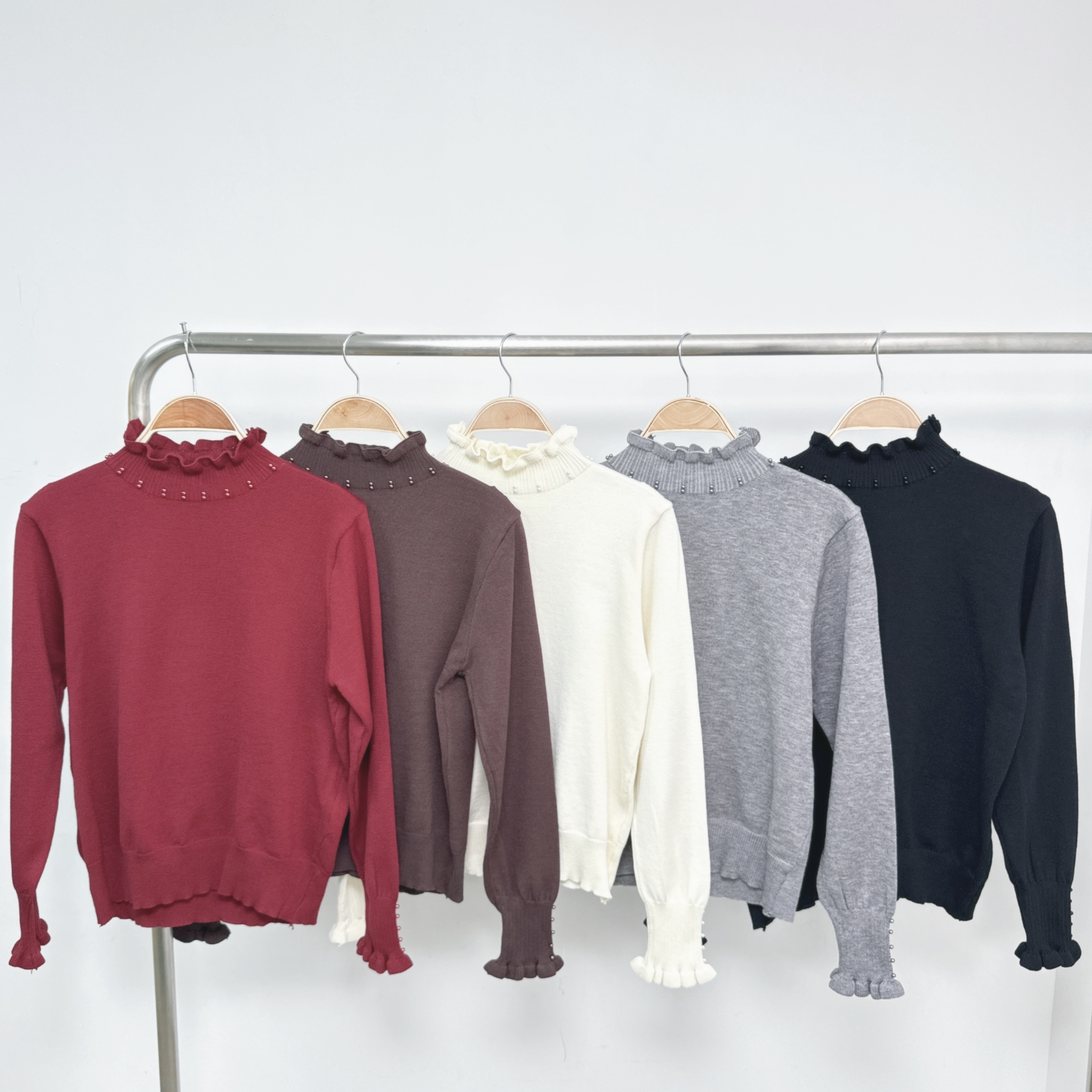 珠珠羅紋小企領彈性針織束袖TOP (E80-E84)