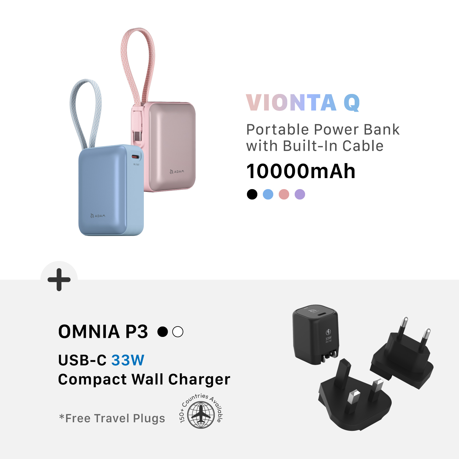 VIONTA Q Portable Power Bank with Built-In Cable + OMNIA P3 USB-C 33W Compact Wall Charger