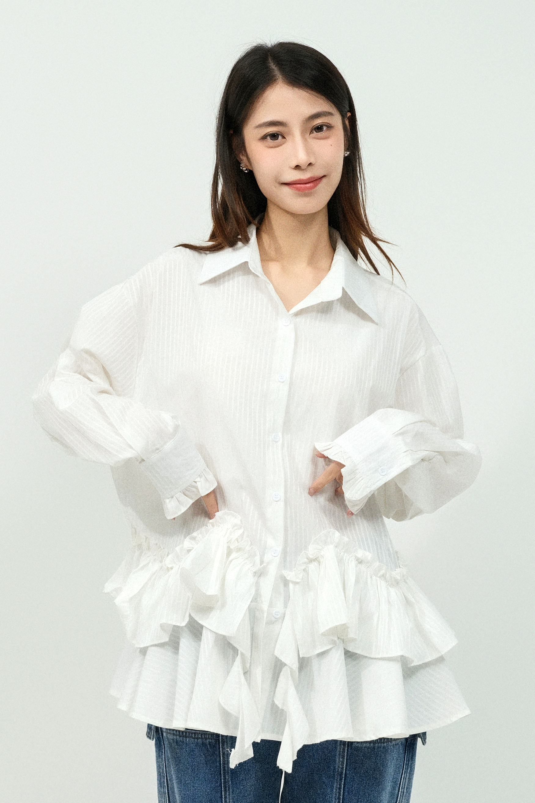 暗條紋不規則荷葉腳恤衫 (預購產品）