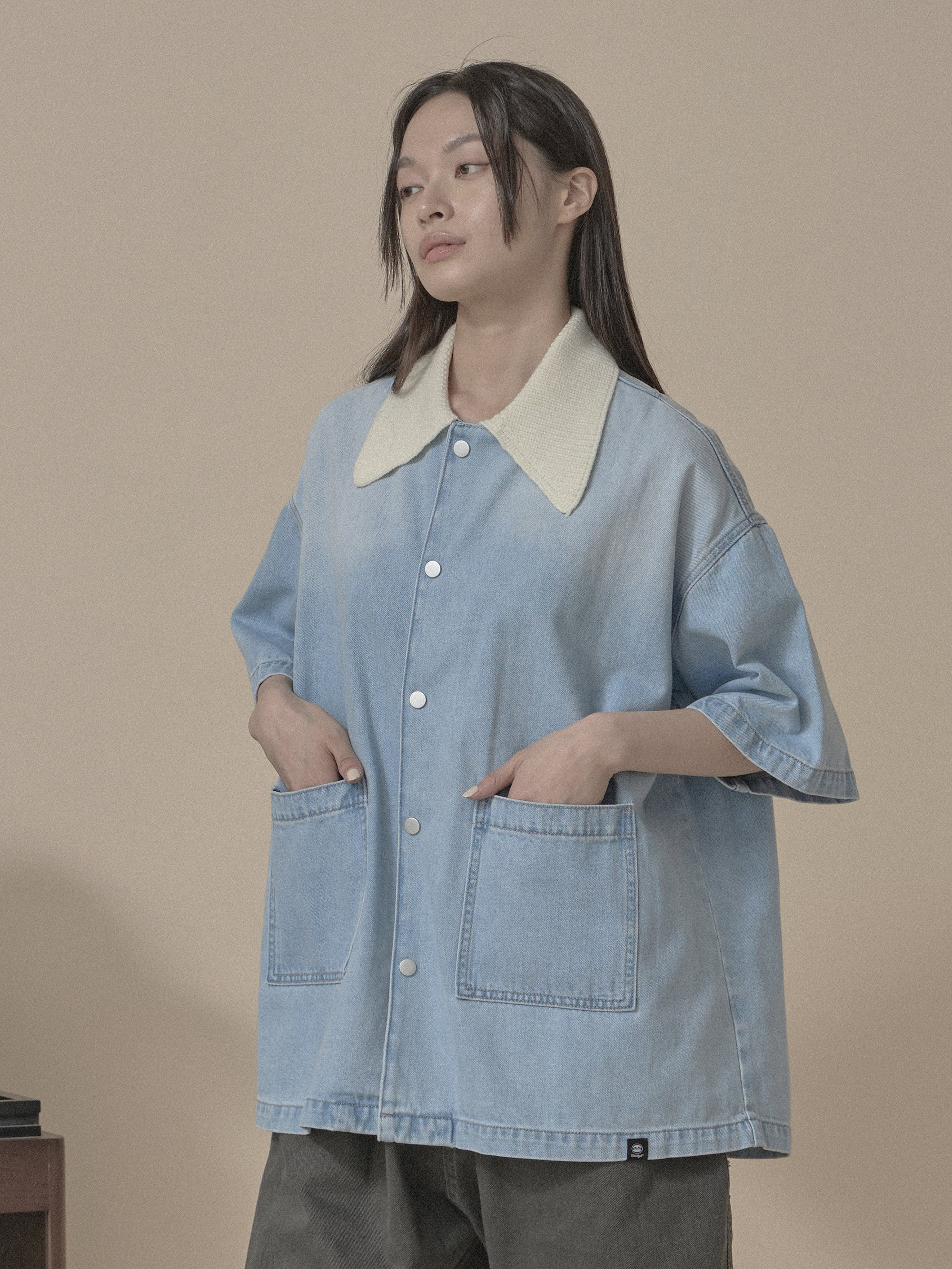 毛料拼接翻領開扣式牛仔短袖外套