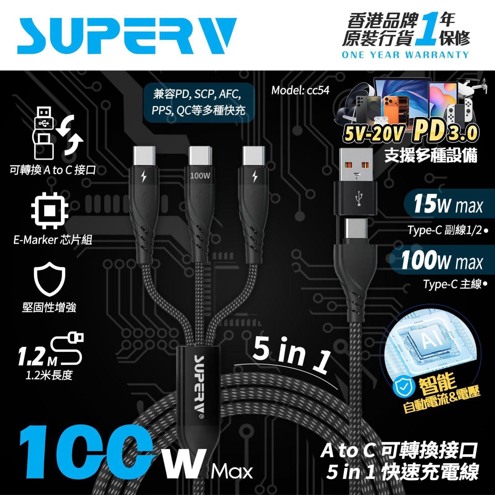 (120CM)  SUPERV多功能3 TYPE-C快速充電線Z878 Model:CC54  （2-3星期寄出）