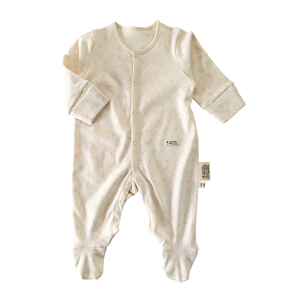 有機棉嬰兒柔適長袖包腳連身衣-粉紅兔 | 藍天畫布有機棉