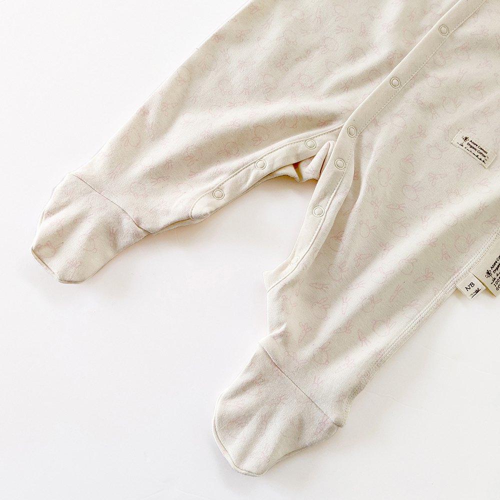 有機棉嬰兒柔適長袖包腳連身衣-粉紅兔 | 藍天畫布有機棉