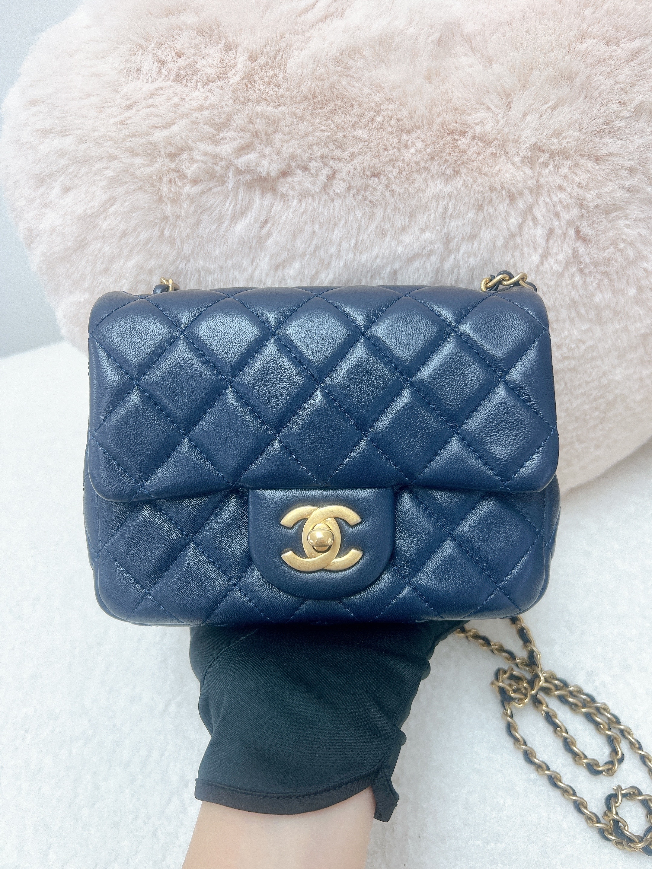 Chanel mini square cf 17cm pearl crush 金球(navy lambskin/ GHW)