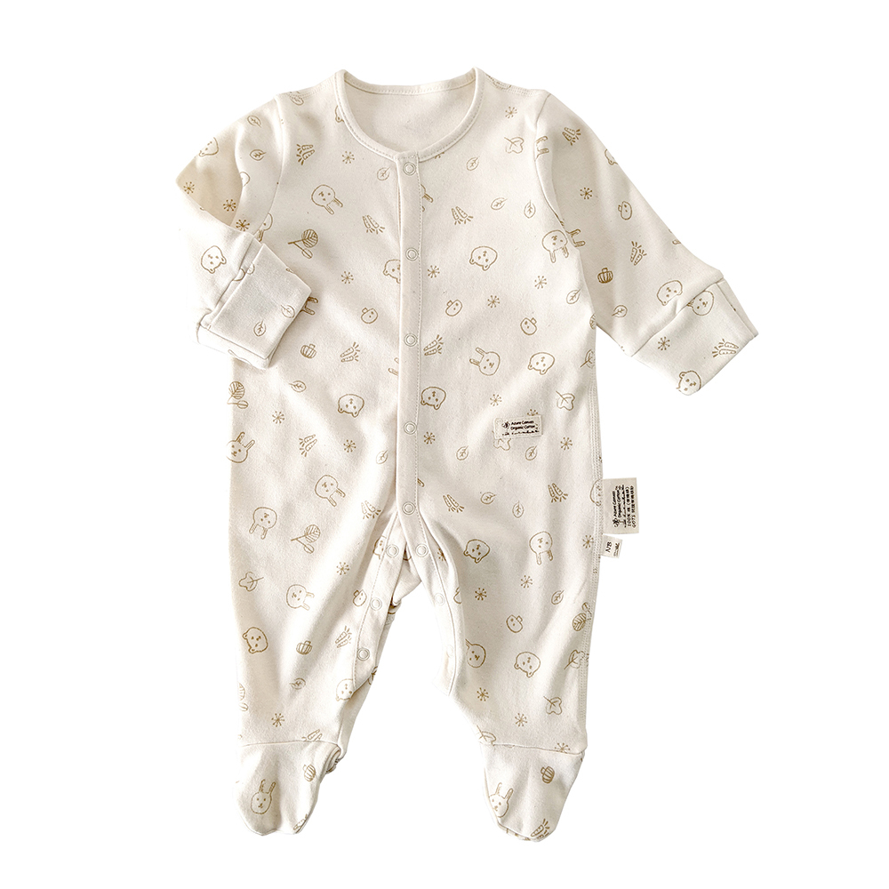 有機棉嬰兒柔適長袖包腳連身衣-熊兔 | 藍天畫布有機棉
