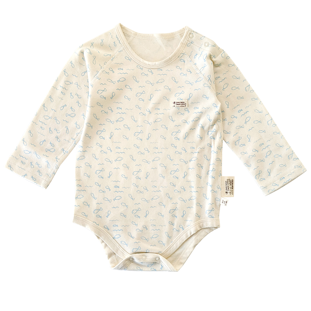 有機棉幼兒柔適長袖連身衣-淺藍魚 | 藍天畫布有機棉