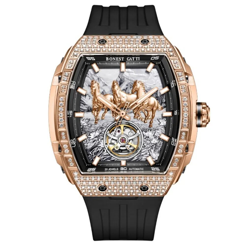 (預購)【Bonest Gatti】 馬年限定 萬馬奔騰 鏤空 夜光 矽膠錶帶 機械錶