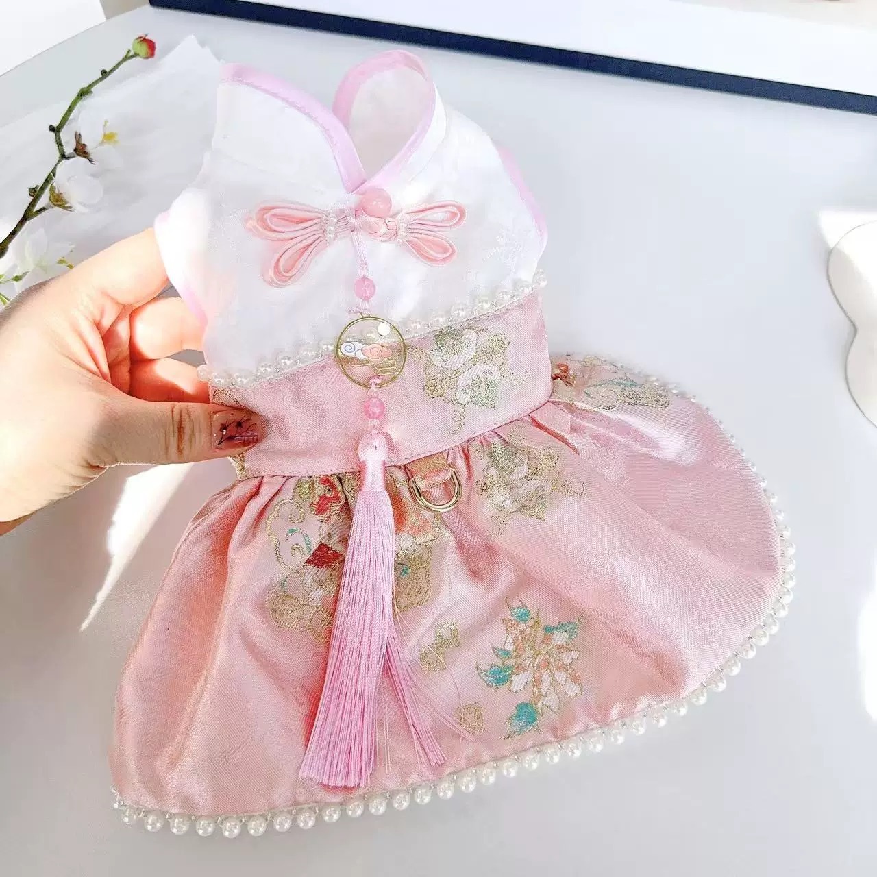 新年 宠物唐装 粉色连身裙 附送吊坠