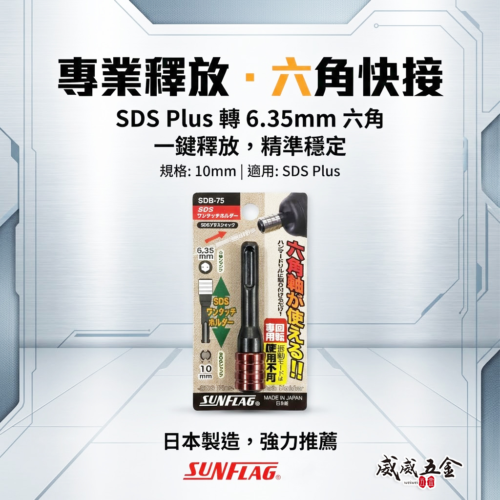 日本製 SUNFLAG 新龜｜SDB-75｜四溝SDS轉六角快脫6.35mm｜長75mm｜四溝柄轉六角柄快拆接頭1/4"