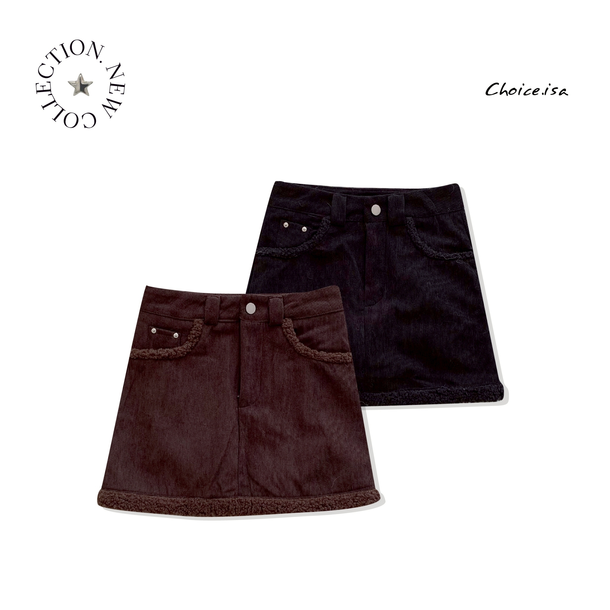 ISA_多一點點甜! 燈芯絨拼接Q毛擺牛仔褲裙_51232