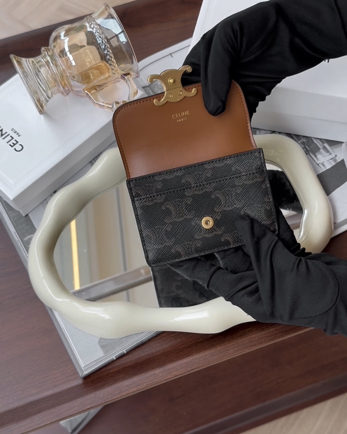 CELINE｜凱旋門單層零錢卡包 深老花