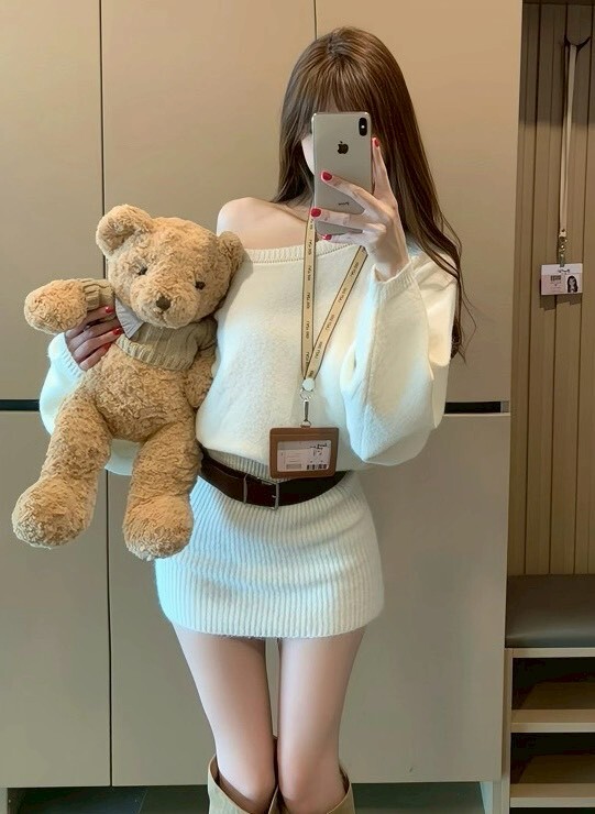 附腰帶連袖包臀針織短洋