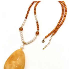 0121GZ027-26琥珀-老花蠟DIY蜜蠟水滴項鏈（珍珠）（A27)