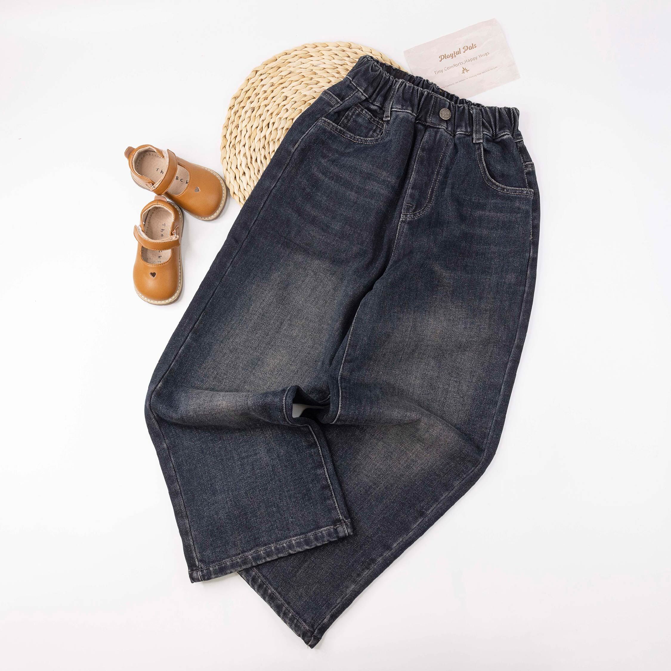 【H55922】潮流字母皮標內磨毛牛仔褲