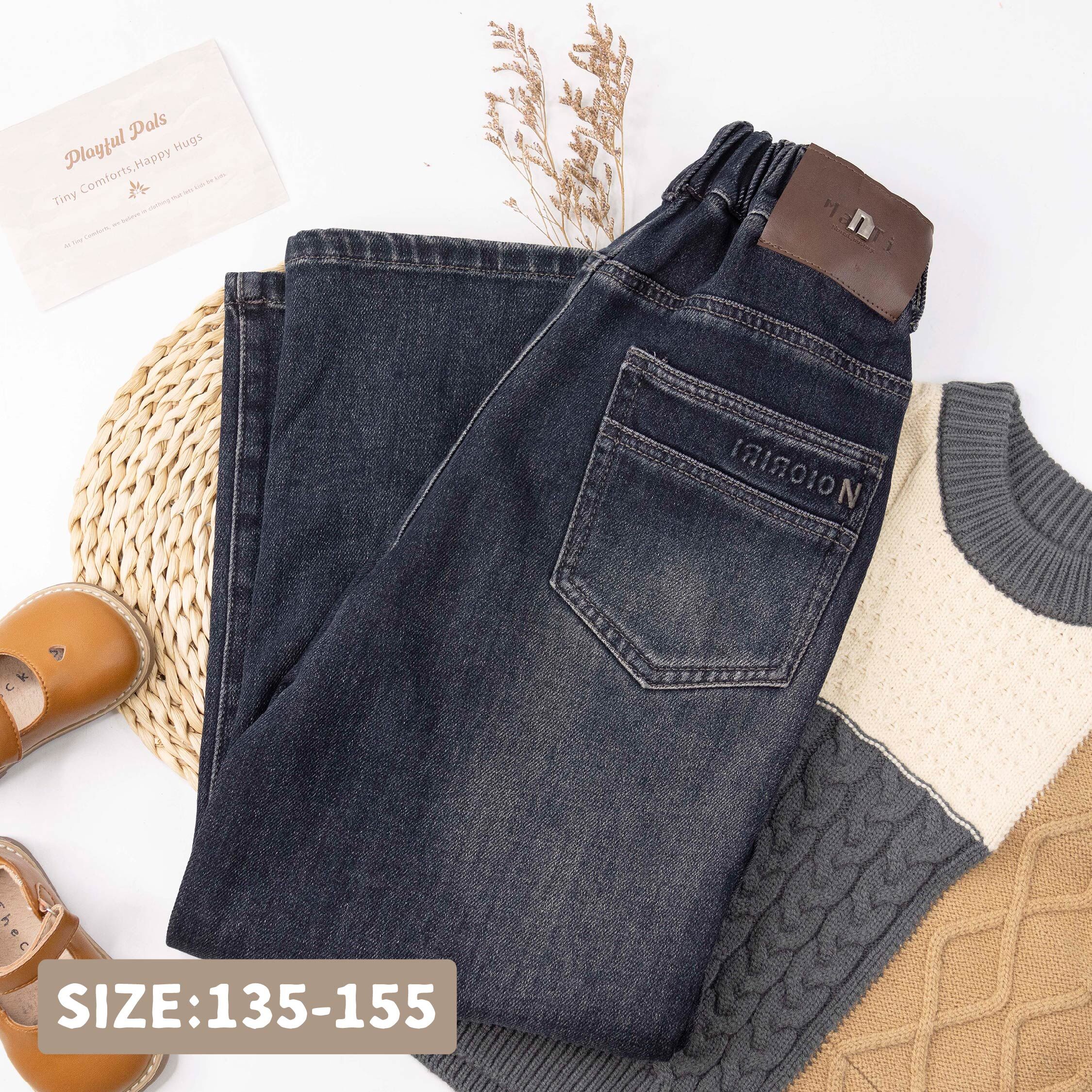 【H55922】潮流字母皮標內磨毛牛仔褲