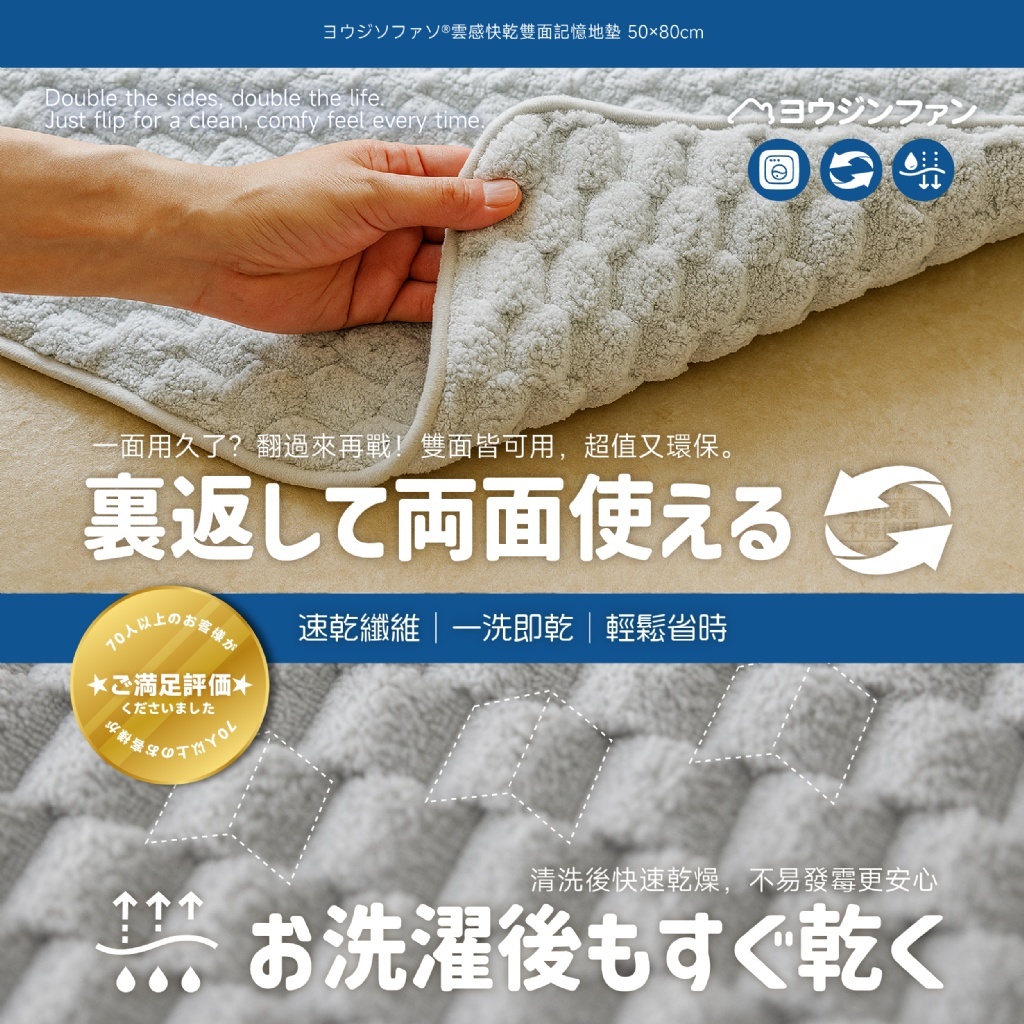 (預購商品) ヨウジソファソ®雲感快乾雙面記憶地墊 50×80cm