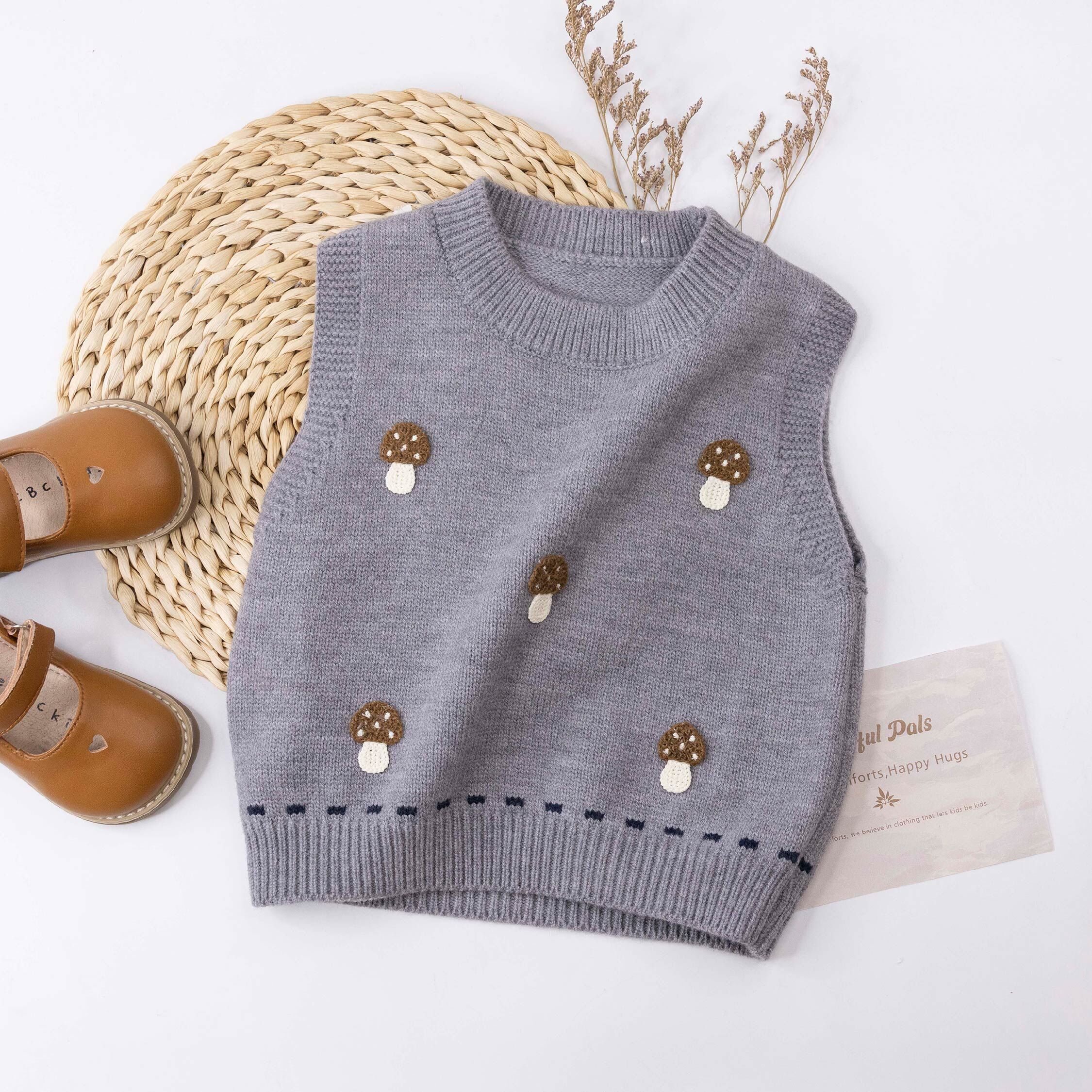 【H56009】童趣編織蘑菇針織背心/上衣＊二色