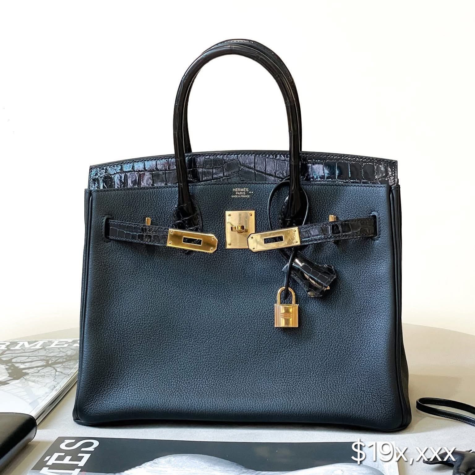 Preloved Hermès Birkin 30 Taurillon Novillo / Croco Nilo Lisse Black RGHW HK$19x,xxx (HK$2,000 即時落訂)