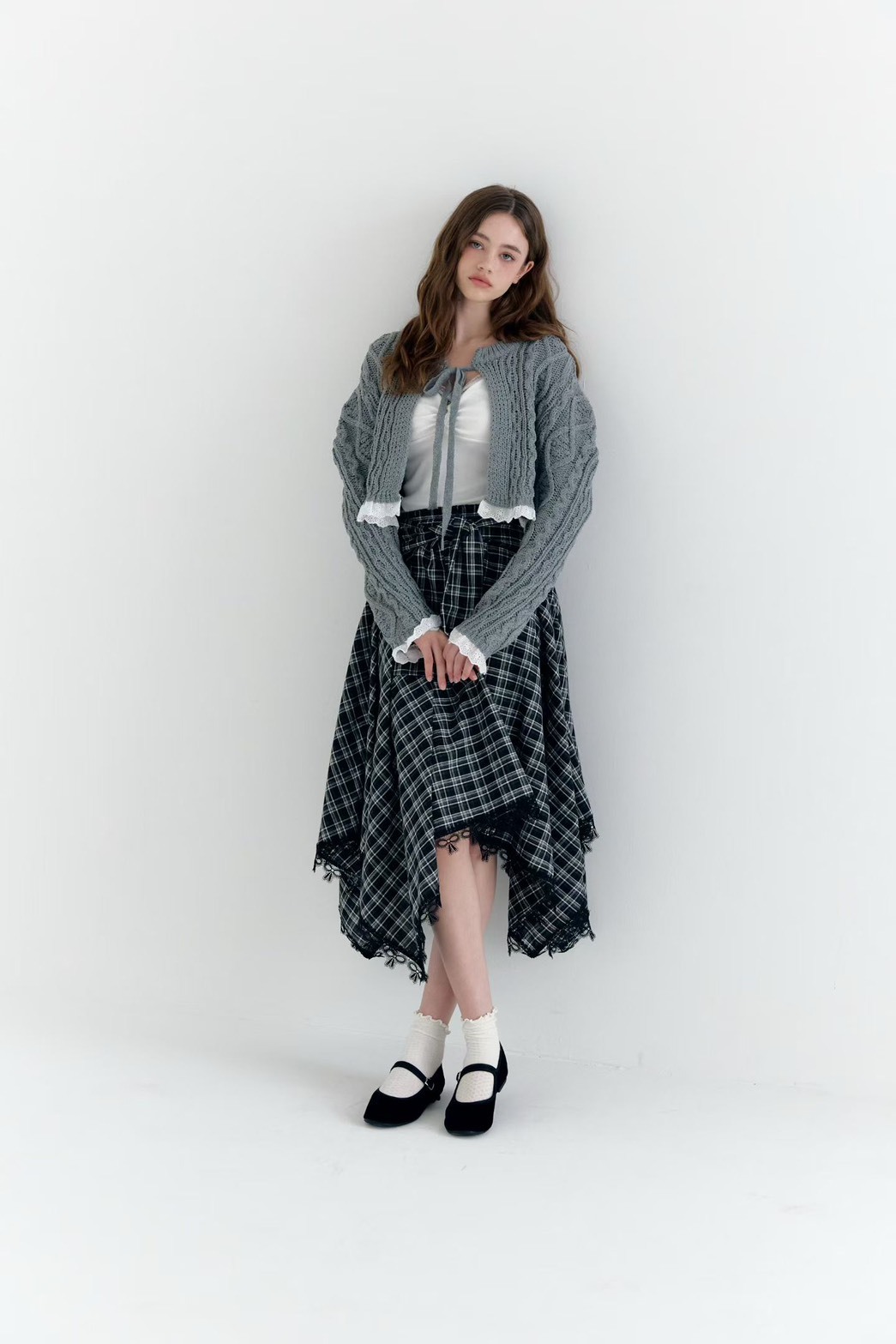 蝴蝶結蕾絲邊不規則格子長裙