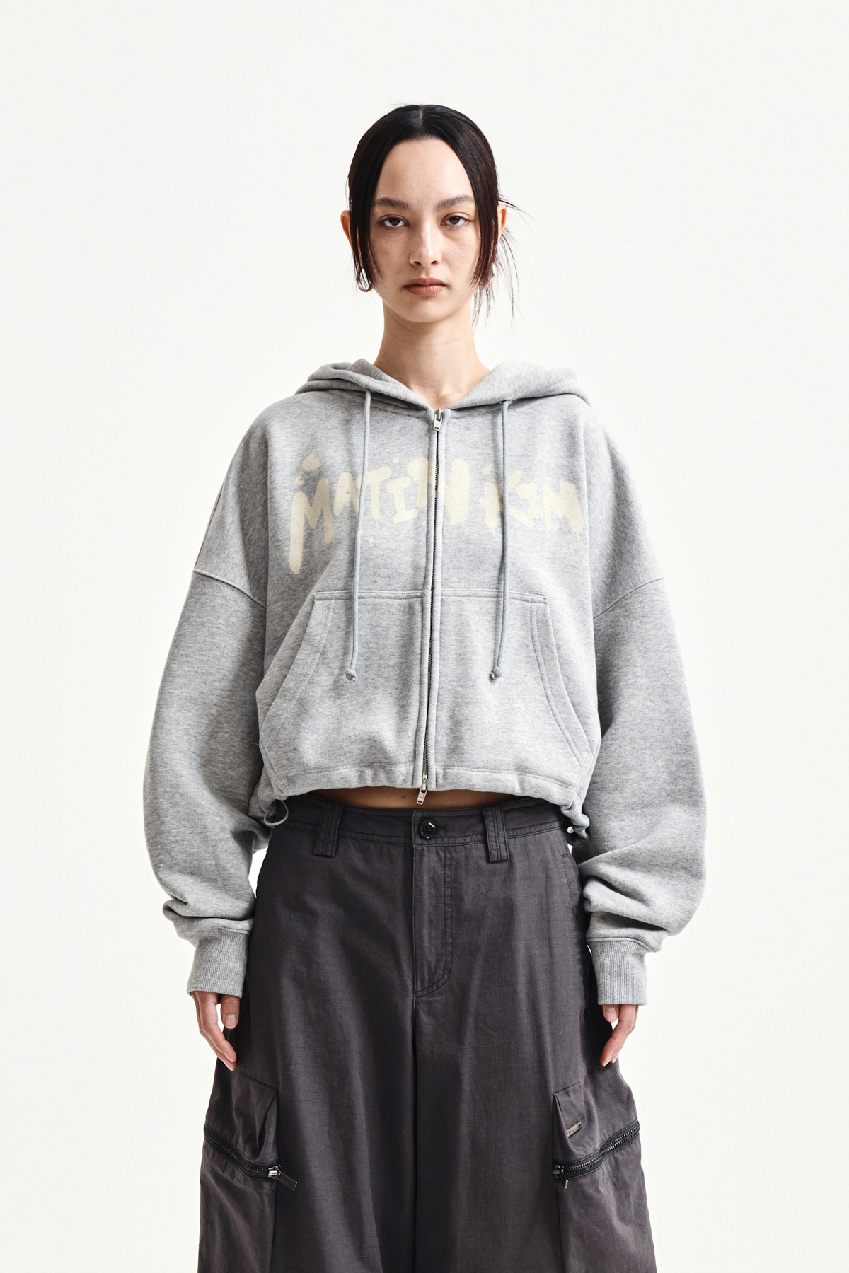 塗鴉LOGO短版連帽拉鍊外套 灰色