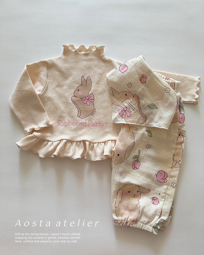 正韓春aosta 兩色領結兔兔花邊上衣