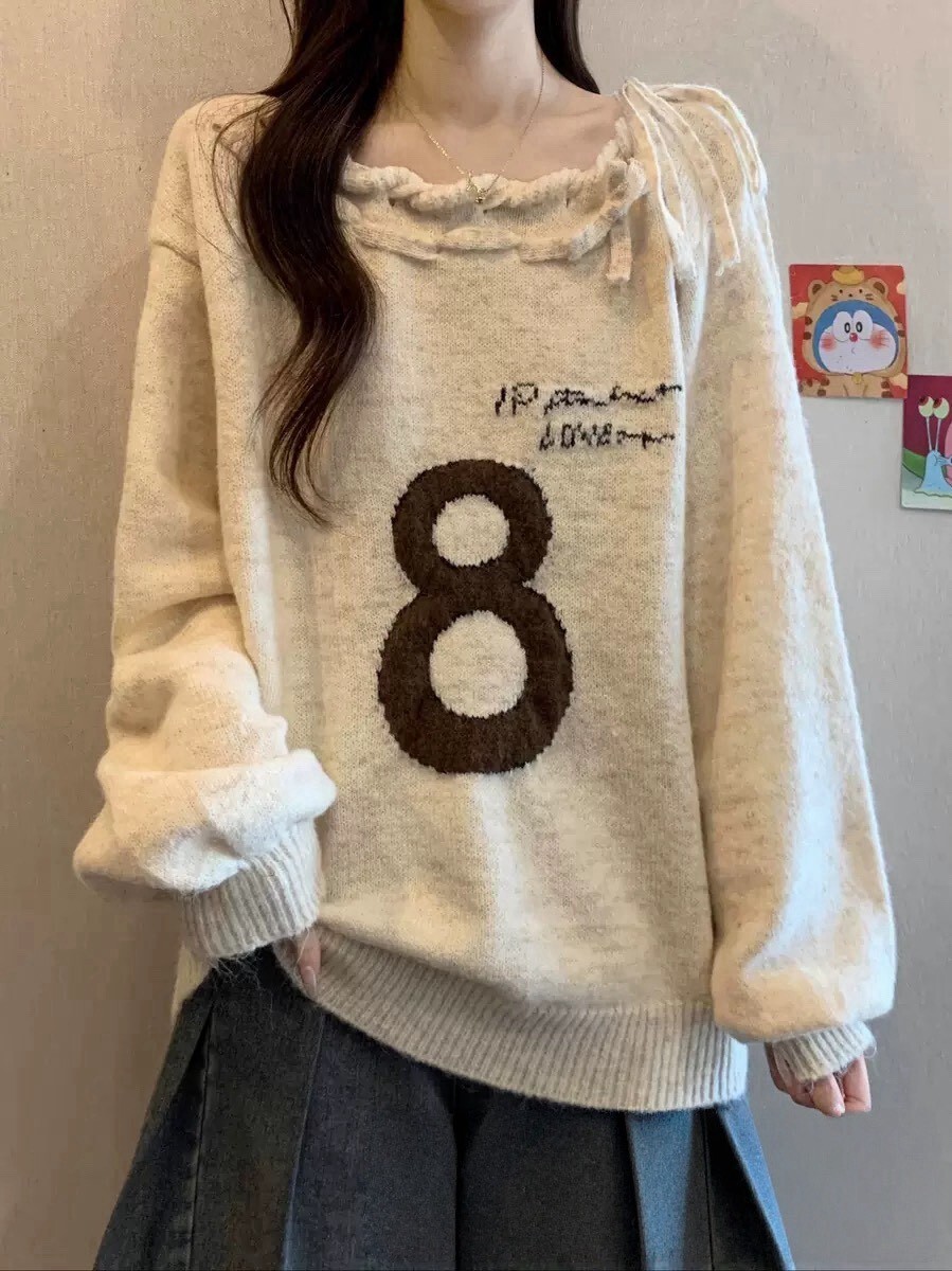 數字8斜肩針織毛衣