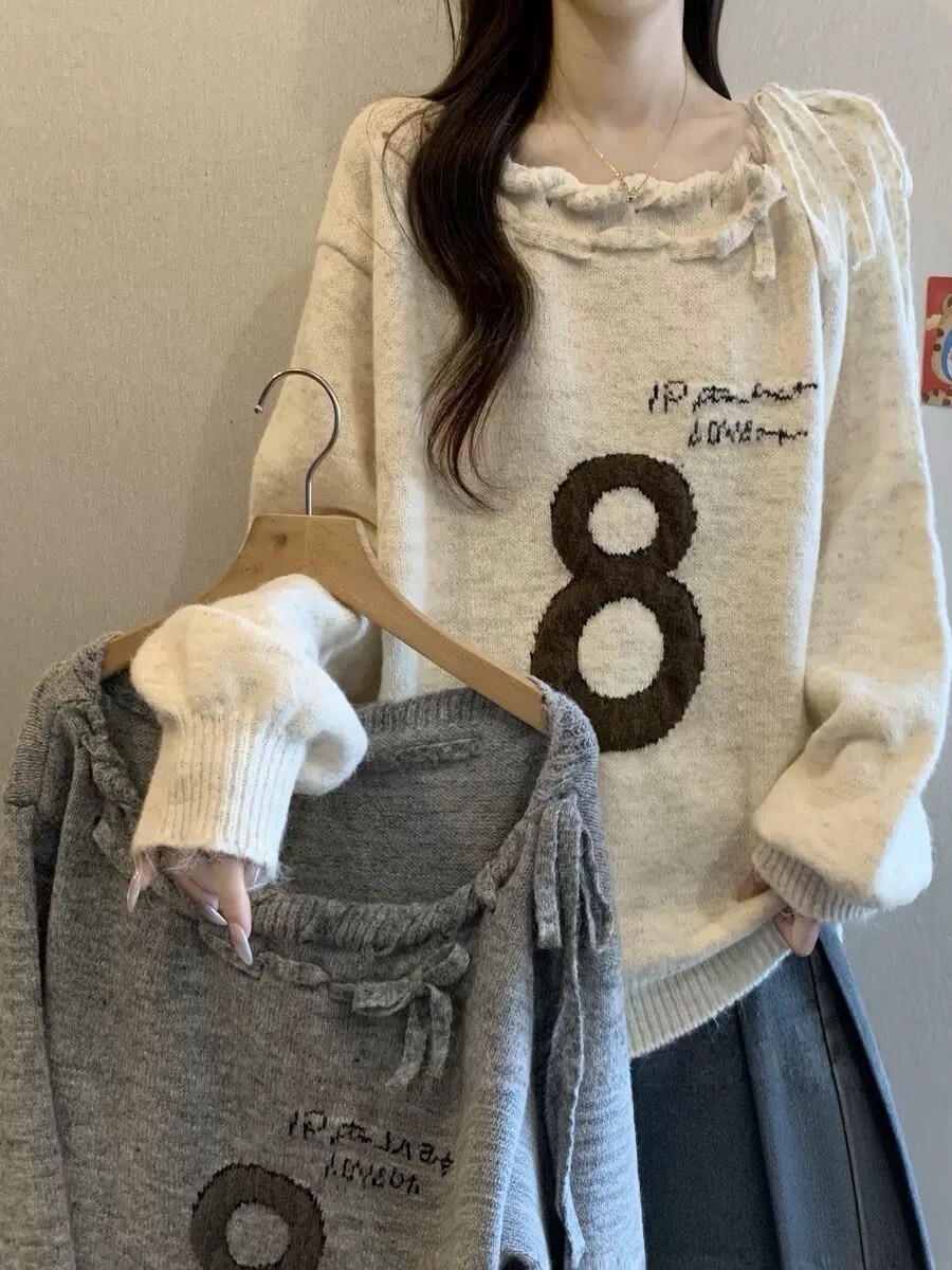 數字8斜肩針織毛衣