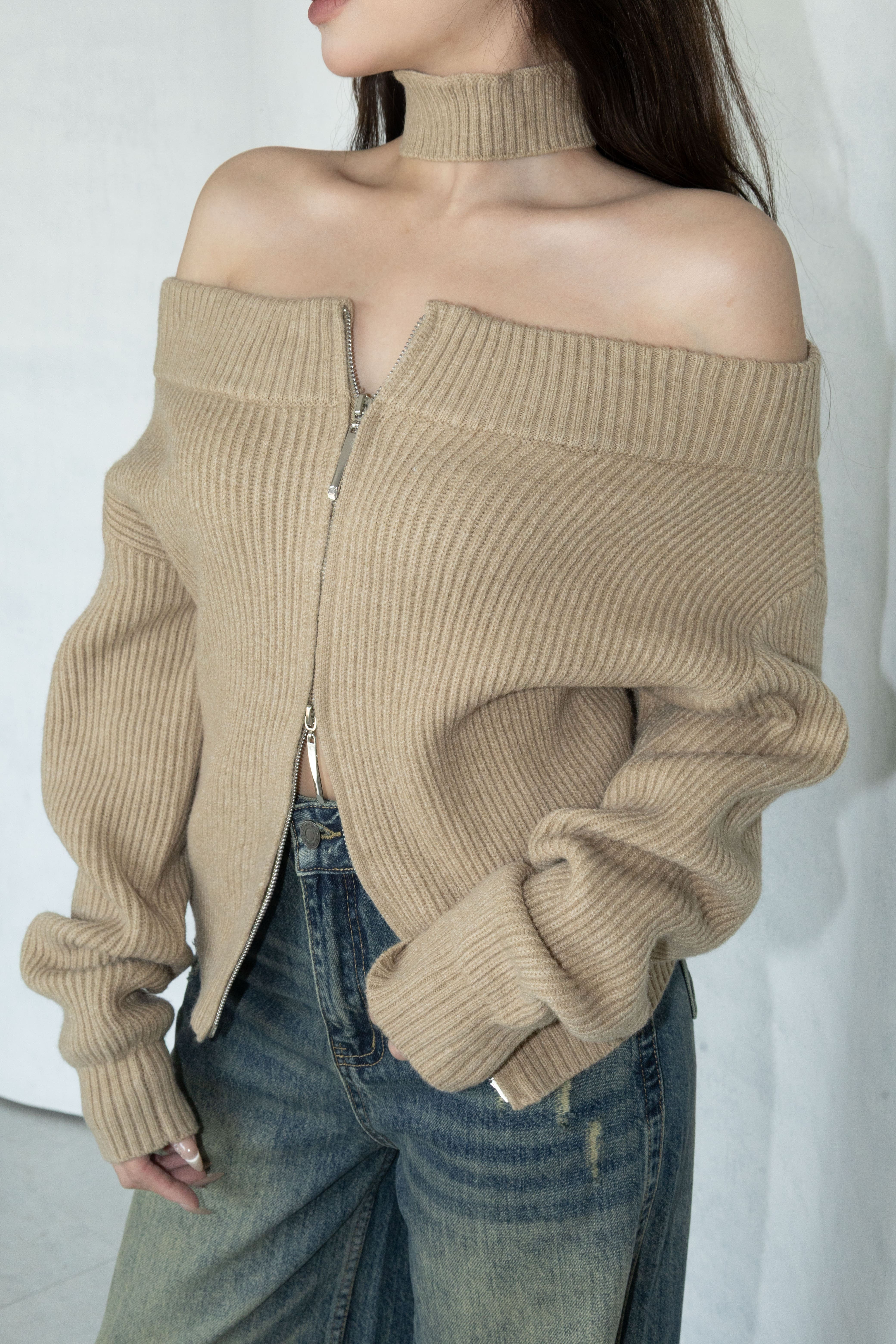 雙拉鍊一字領針織毛衣