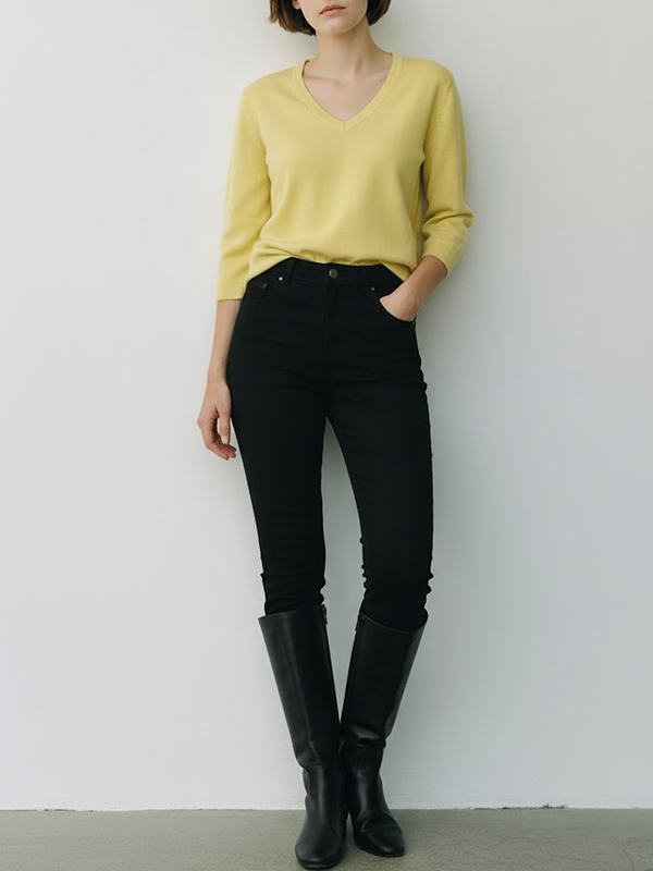 Antonelli Firenze V領針織五分袖上衣(芥黃)