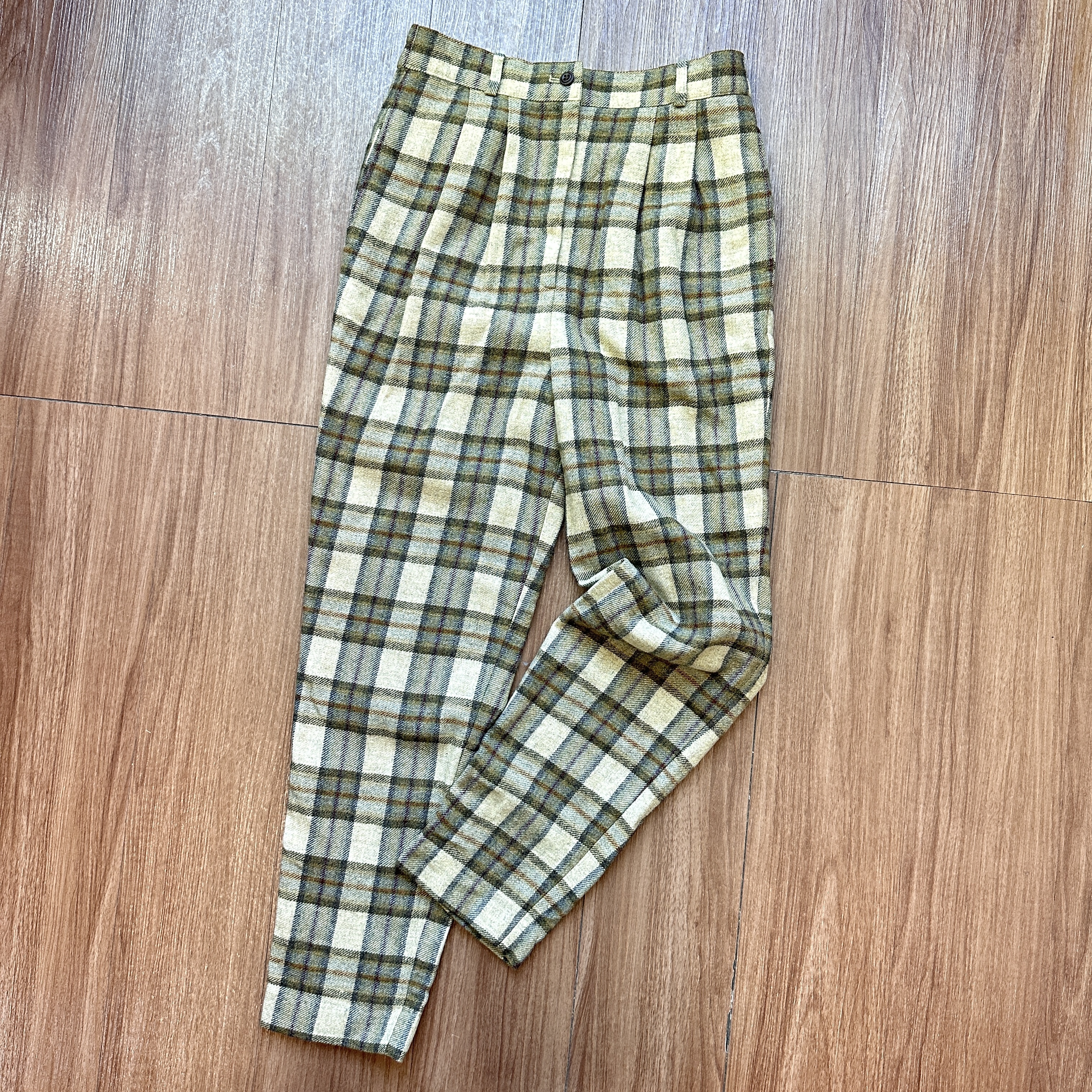 駱駝色格紋羊毛長褲