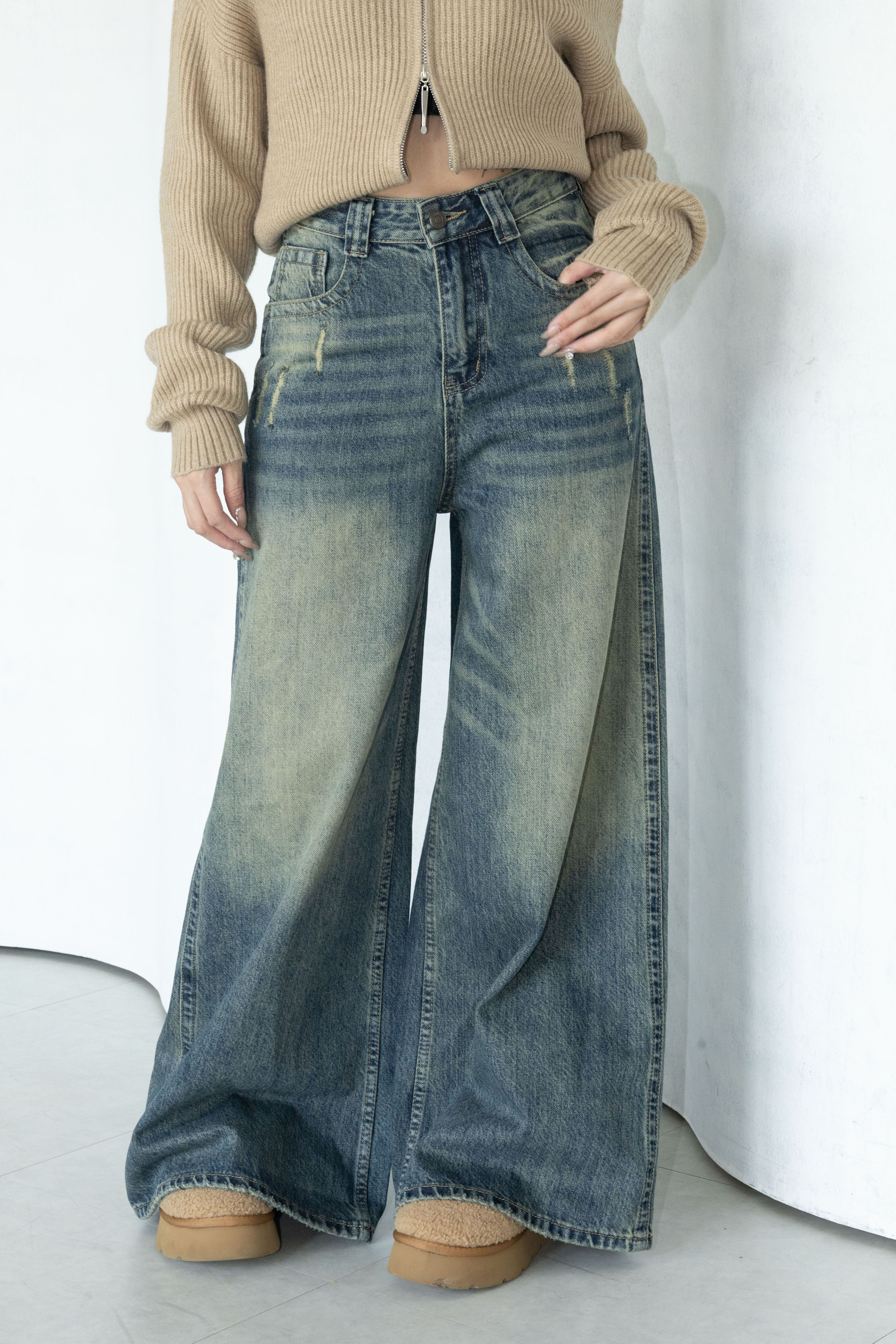 復古刷色牛仔直筒寬褲