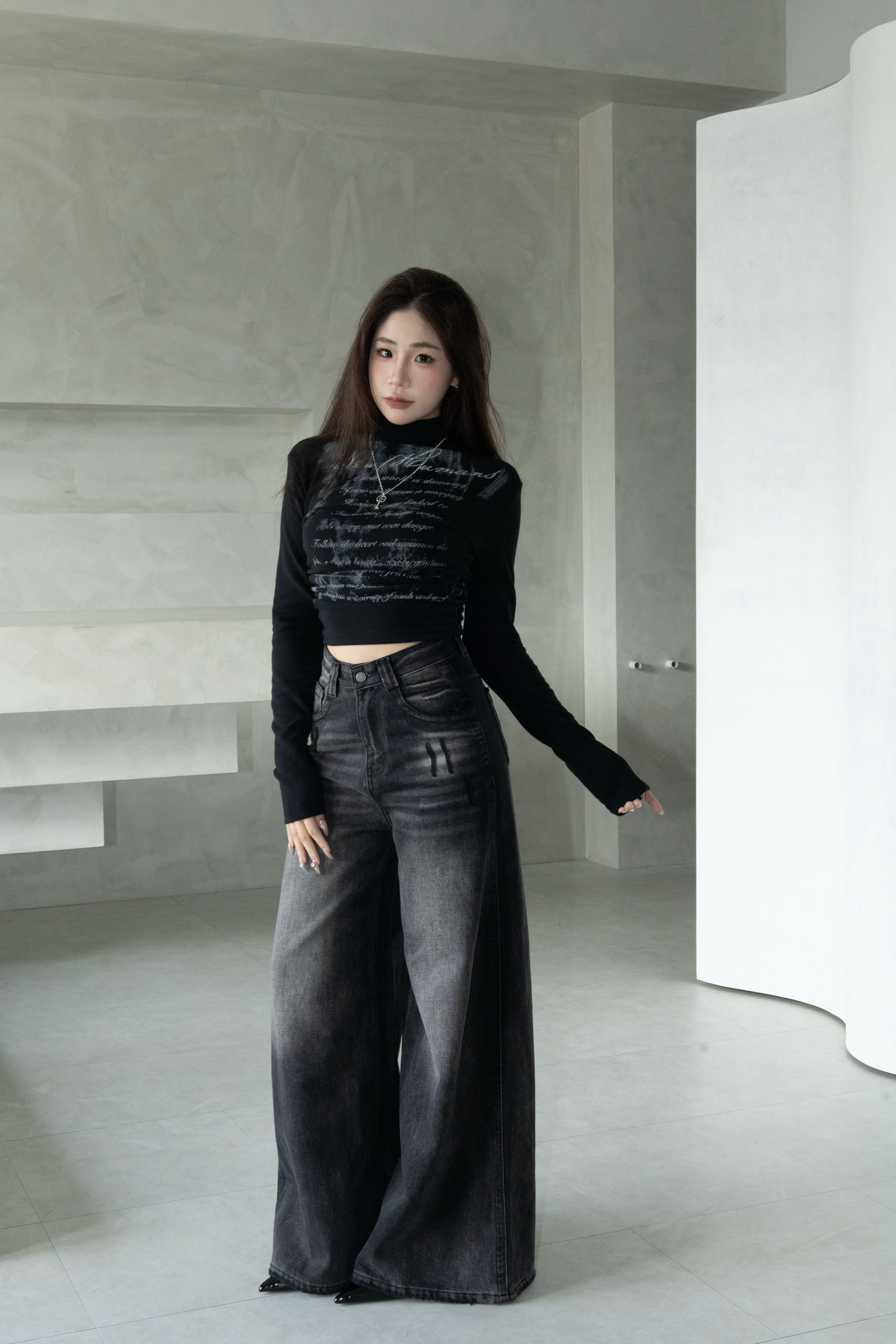 復古刷色牛仔直筒寬褲