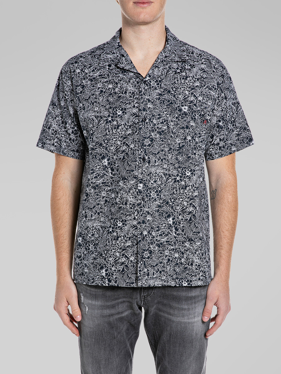 深藍色花卉印花府綢襯衫