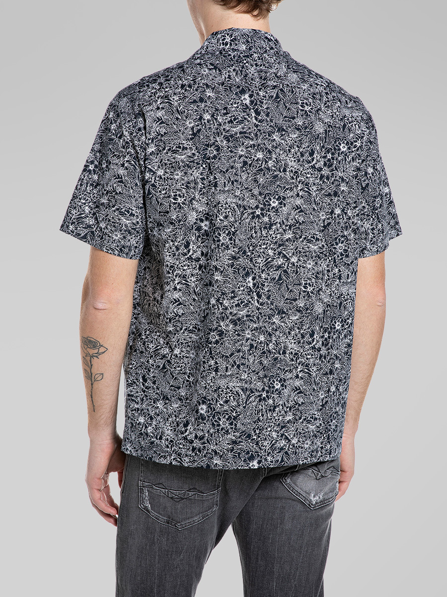 深藍色花卉印花府綢襯衫