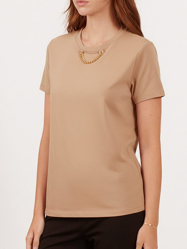 領口金鍊短袖T(卡其)