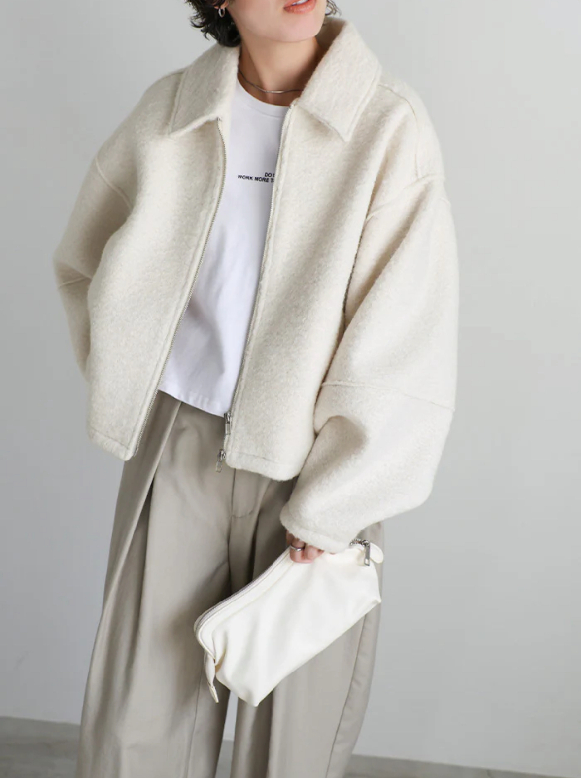 SELECT MOCAブークレステンカラ―ダブルジップジャケット米白F（20001420）